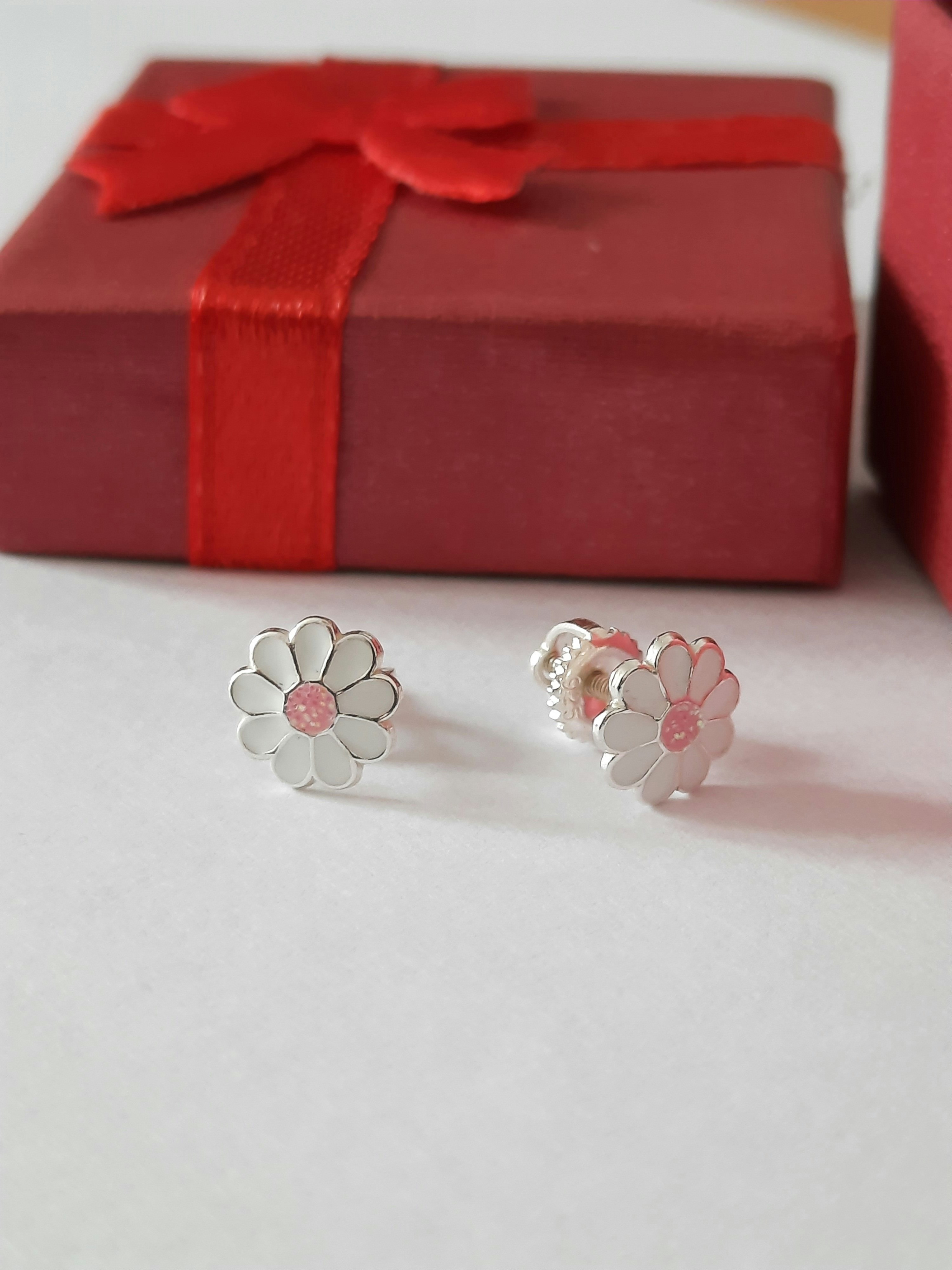 Boucles d'oreilles fleurs marguerites roses en argent 925 fermoirs vis
