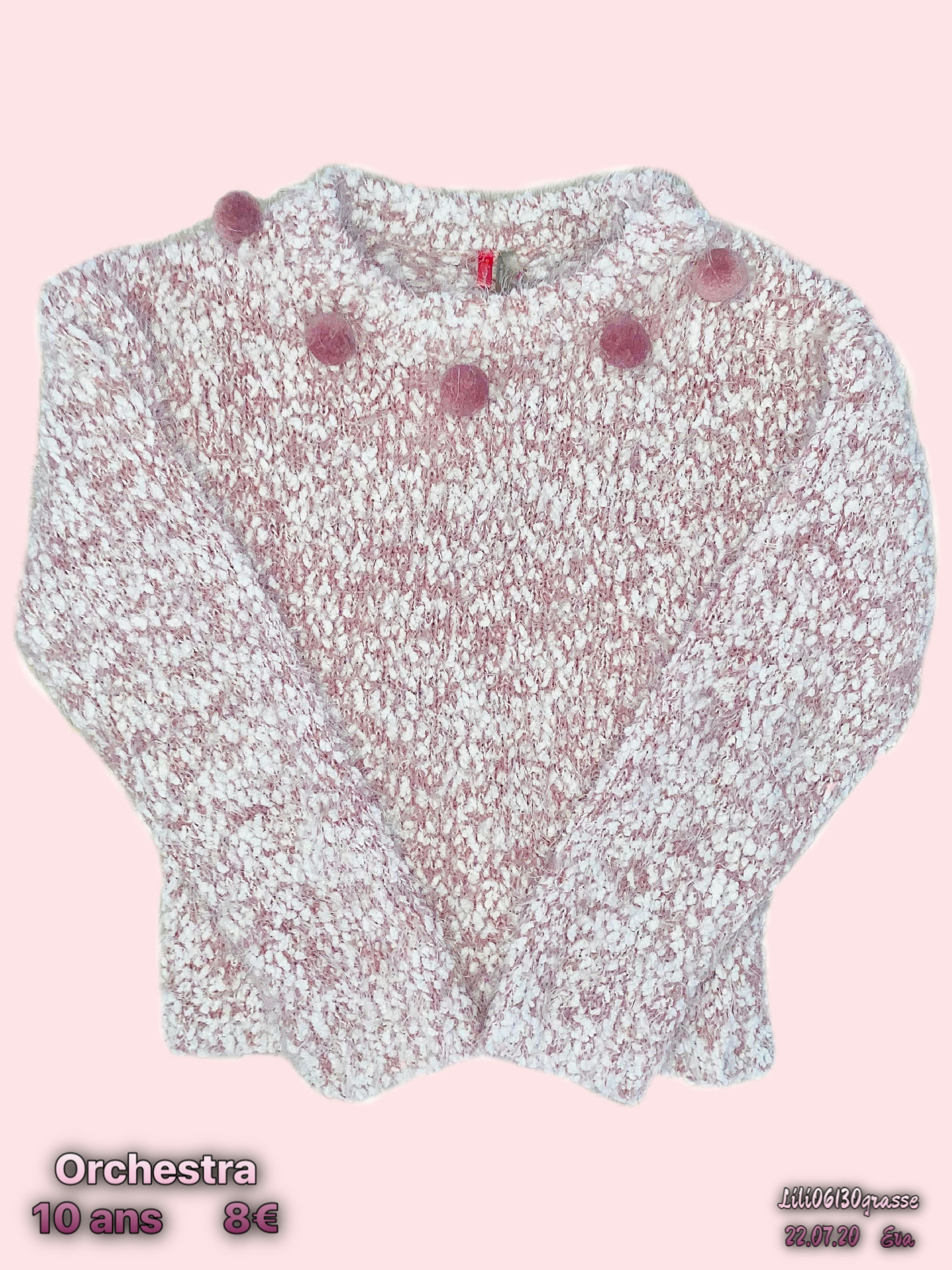 Pull maille chiné rose blanc pompons -30% SOLDES 2020 🛍
