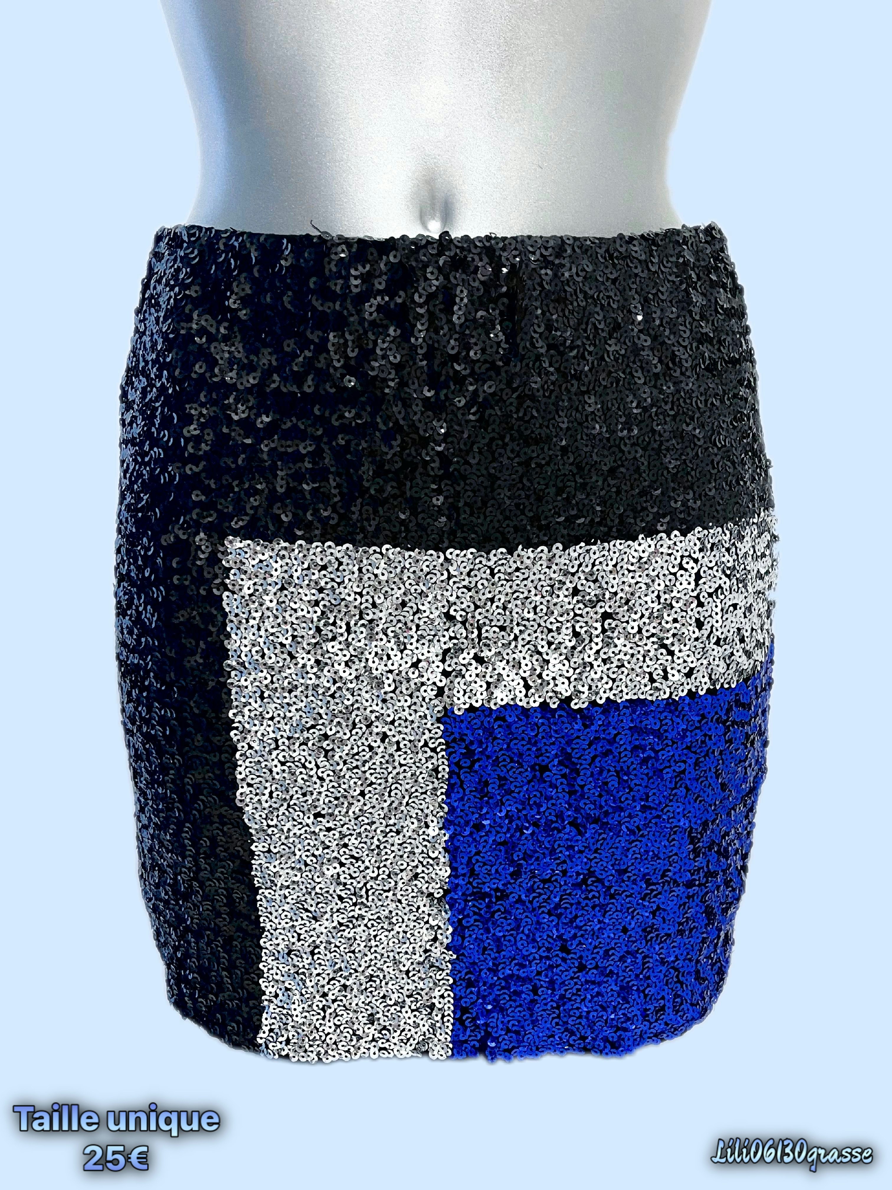 Jupe moulante pailletes noire argentée bleue