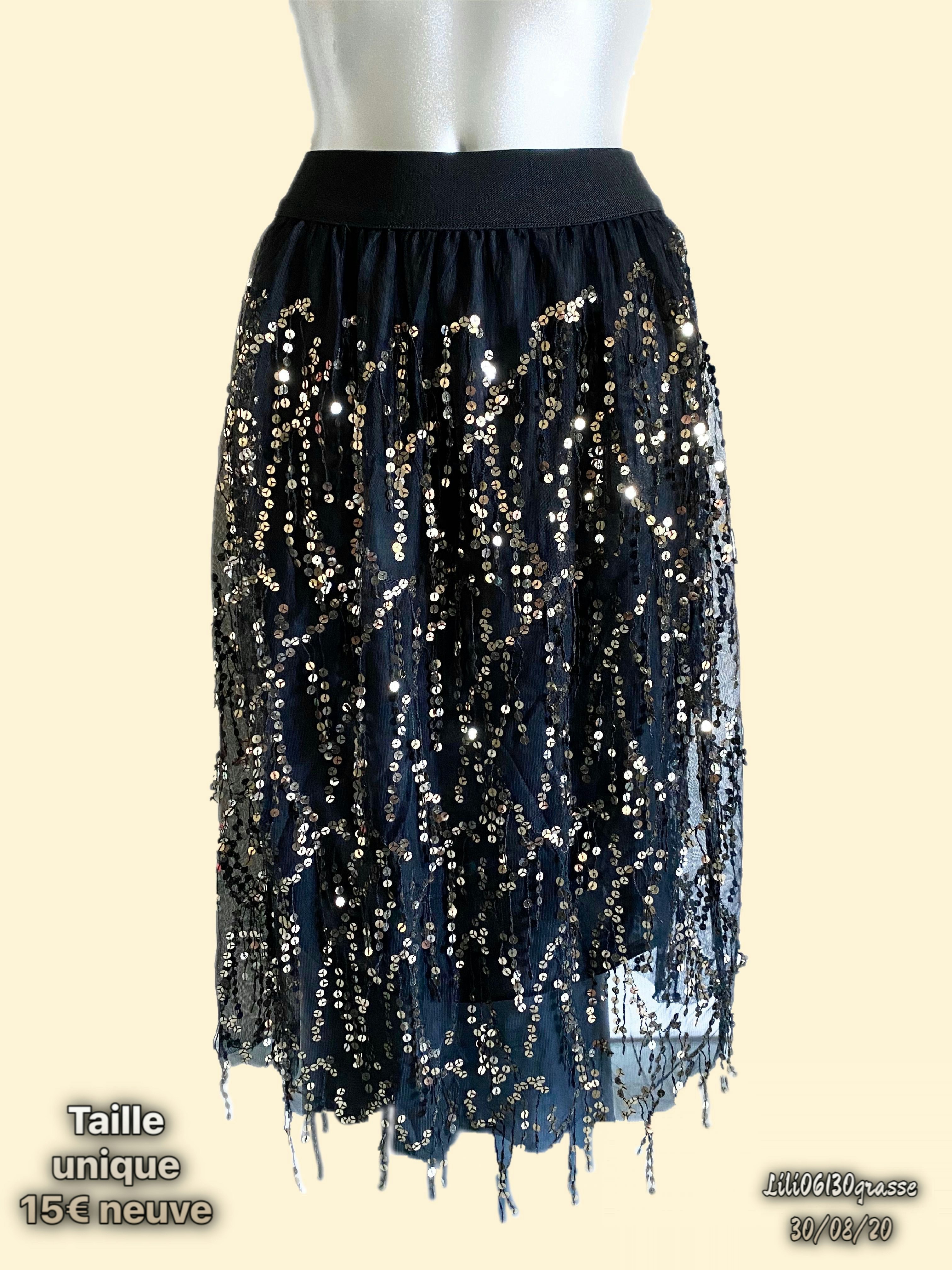 Jupe mi longue noire pailletes dores taille élastique -30% SOLDES 2020 🛍