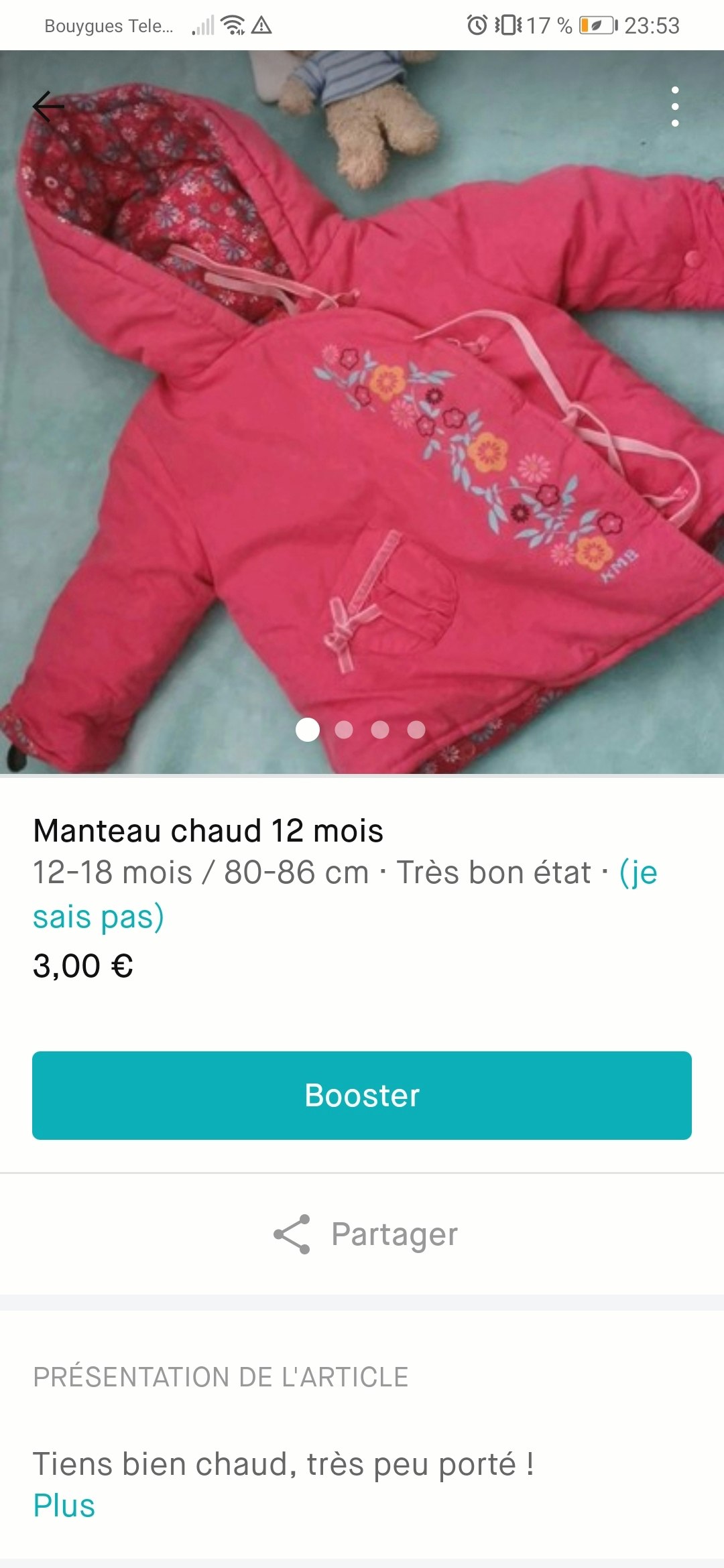 Manteau chaud fille 12 mois