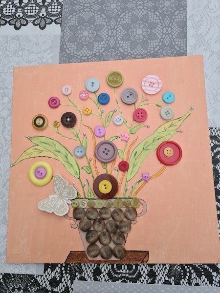 Tableau fleurs en peinture acrylique, boutons
Couleur multicolore 
Dimensions env. 25 x 25 cm