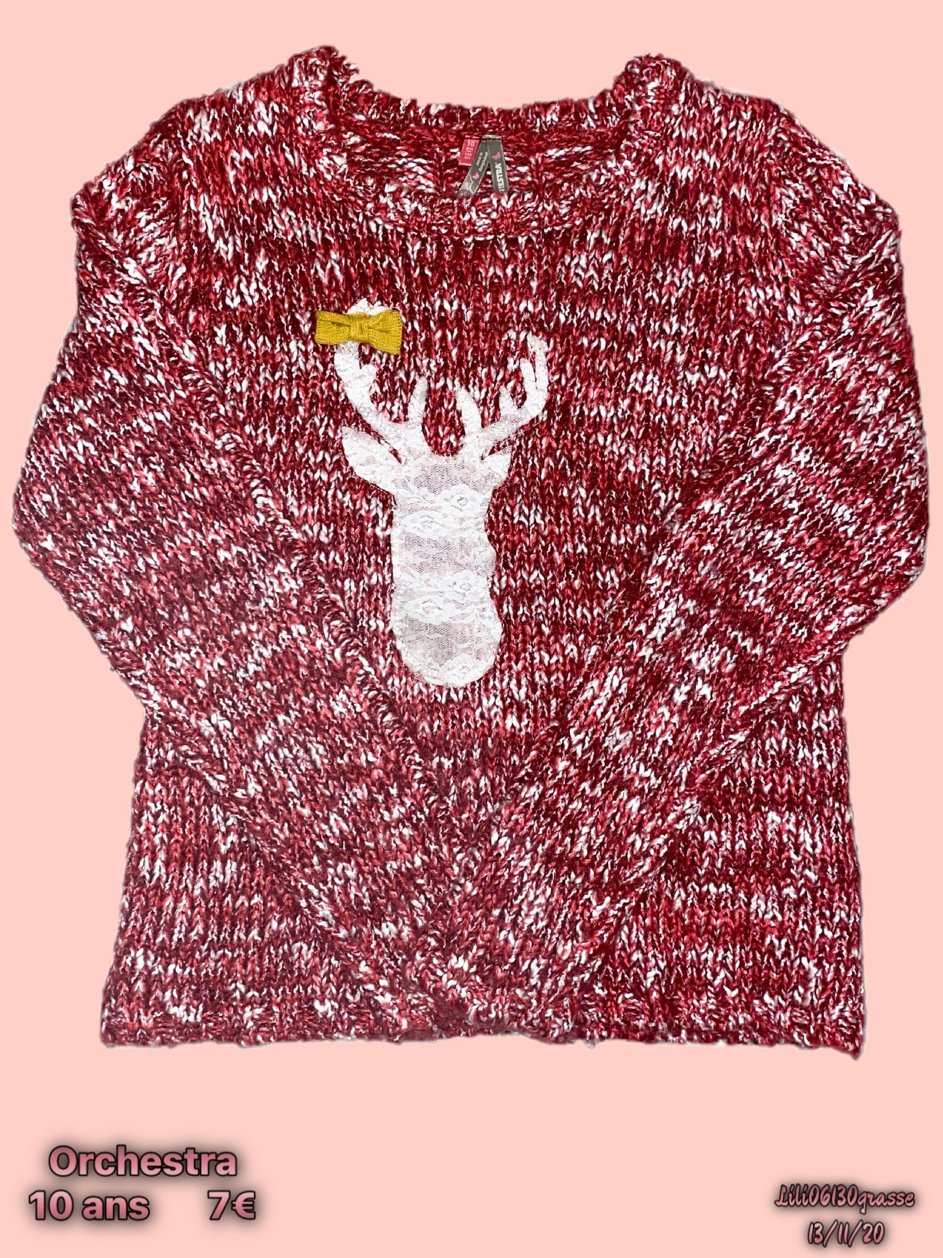 Pull rouge rose chiné cerf dentelle blanche -30% SOLDES 2020 🛍